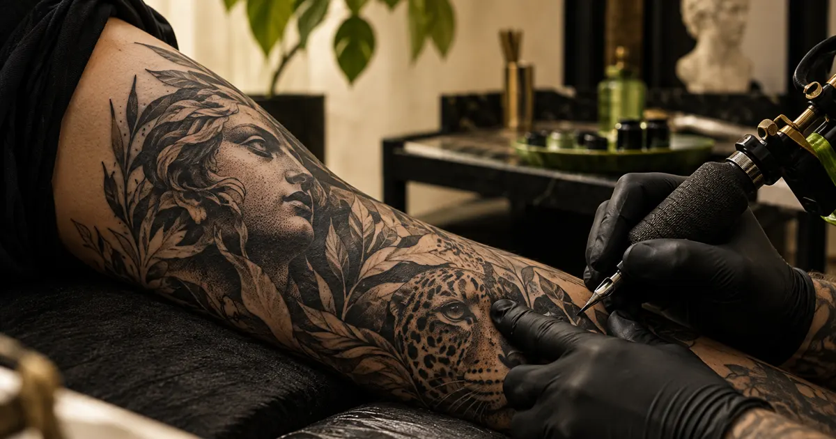 Black and grey tattoo application inside the CAU INK studio
